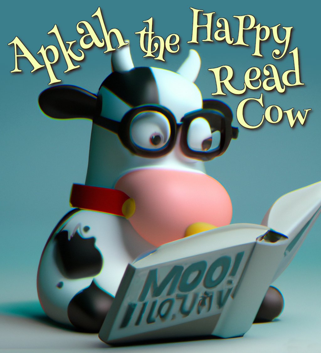 The light yellow headline in a fun curvy font says 'Apkah the happy read cow' and underneath is a cute 3-D cartoonish cow with thick black frame glasses reading a book entitled MOO!